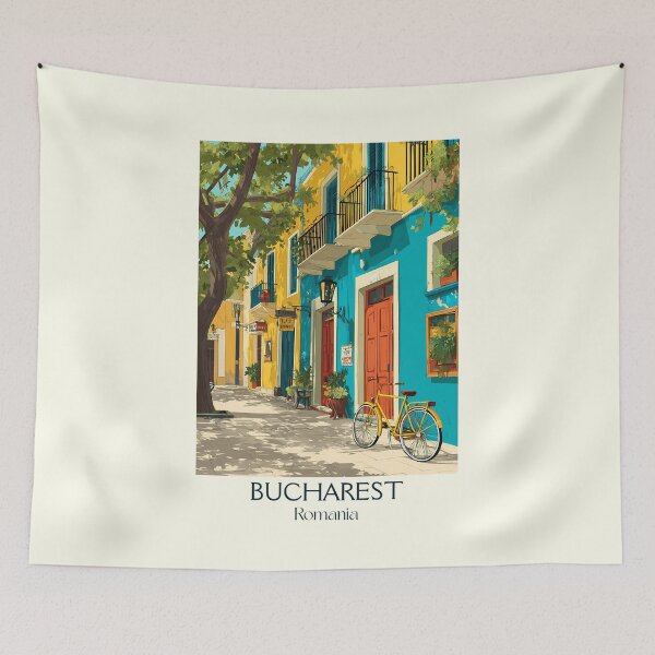 Item preview, Bucharest Romania Poster | Colorful Old Town & Bicycle Art designed and sold by TuncGK.