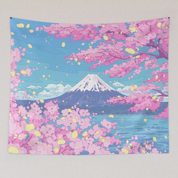 Aperçu de l'œuvre Mont Fuji et sakura roses en fleurs. Paysage paisible de style anime. créée et vendue par AnGoArt.