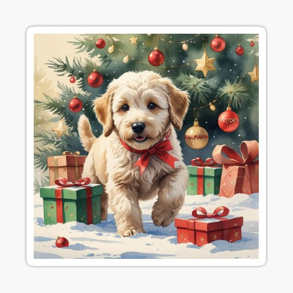 Item preview, Vintage Christmas Labradoodle Puppy by the Tree designed and sold by IrisAndIvy.