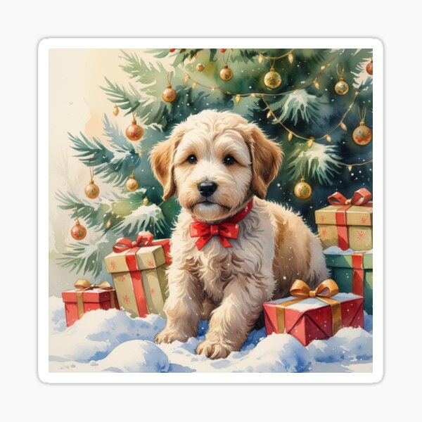 Item preview, Vintage Christmas Labradoodle Puppy by the Tree designed and sold by IrisAndIvy.