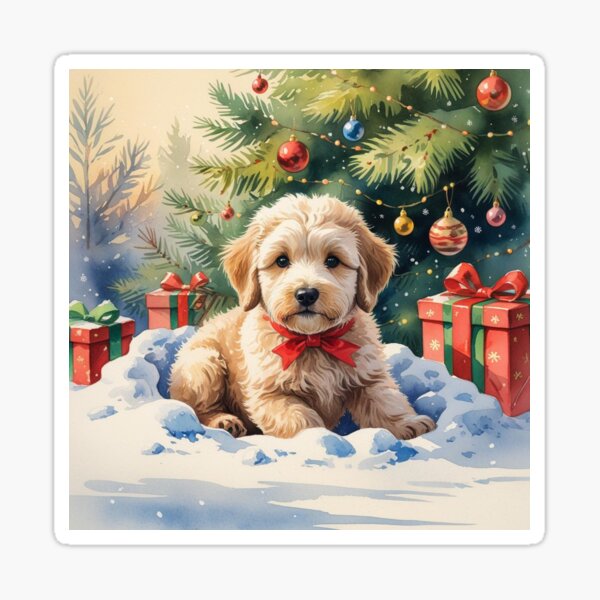 Item preview, Vintage Christmas Labradoodle Puppy by the Tree designed and sold by IrisAndIvy.