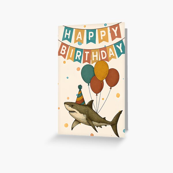 Vista previa del artículo con la obra «Tarjeta de cumpleaños de tiburón: divertida fiesta de animales con globos», diseñado y vendido por TringTringCards.