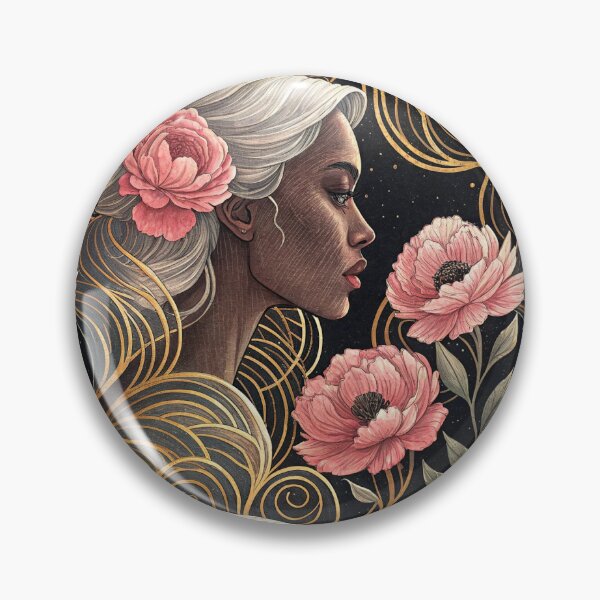 Item preview, Elegant African American Woman with Floral Hair Seamless Pattern, Pink Flowers, And Gold Swirls designed and sold by KlarkiteTees.