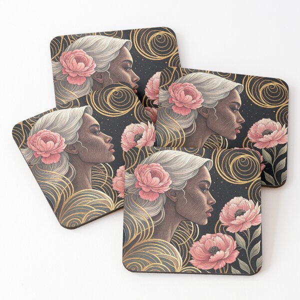 Item preview, Elegant African American Woman with Floral Hair Seamless Pattern, Pink Flowers, And Gold Swirls designed and sold by KlarkiteTees.