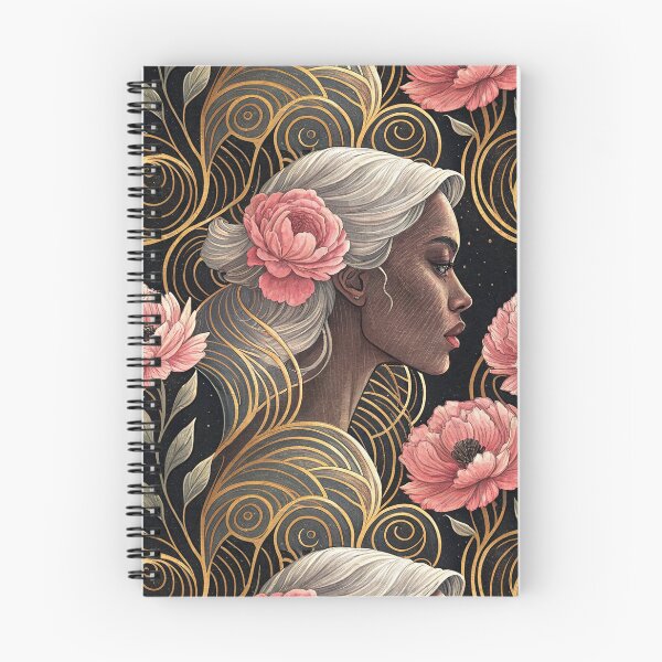 Item preview, Elegant African American Woman with Floral Hair Seamless Pattern, Pink Flowers, And Gold Swirls designed and sold by KlarkiteTees.