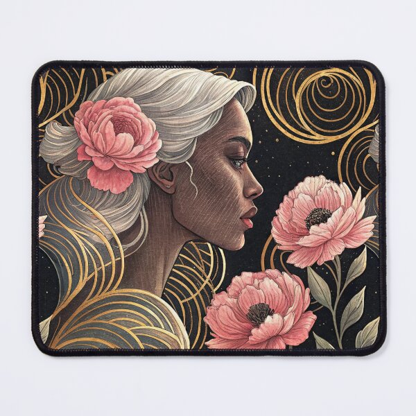 Item preview, Elegant African American Woman with Floral Hair Seamless Pattern, Pink Flowers, And Gold Swirls designed and sold by KlarkiteTees.