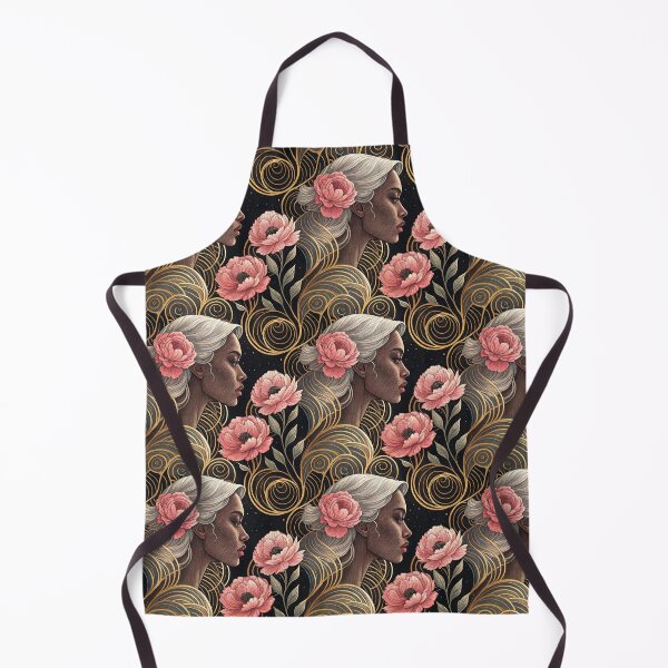 Item preview, Elegant African American Woman with Floral Hair Seamless Pattern, Pink Flowers, And Gold Swirls designed and sold by KlarkiteTees.