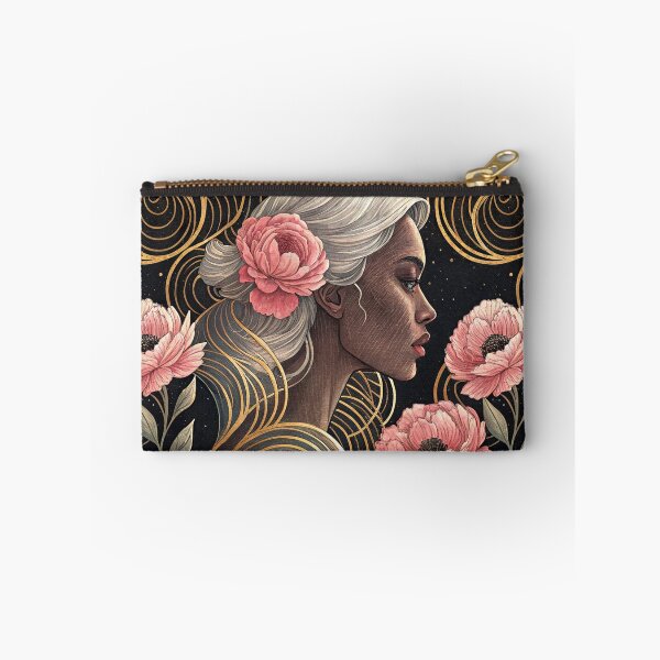 Item preview, Elegant African American Woman with Floral Hair Seamless Pattern, Pink Flowers, And Gold Swirls designed and sold by KlarkiteTees.