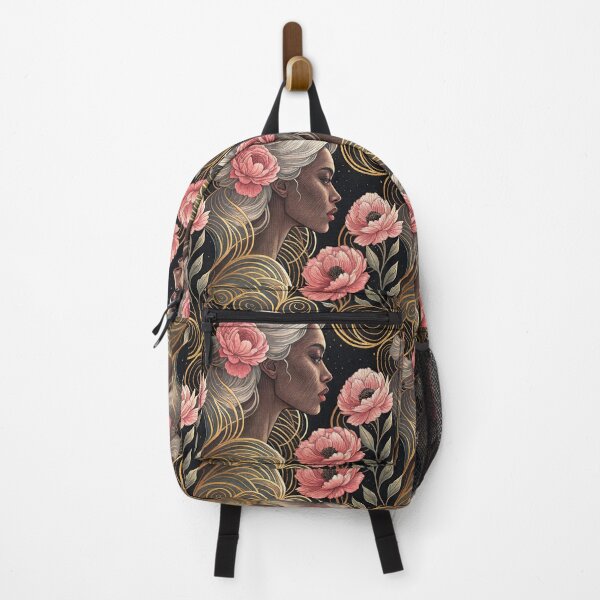 Item preview, Elegant African American Woman with Floral Hair Seamless Pattern, Pink Flowers, And Gold Swirls designed and sold by KlarkiteTees.