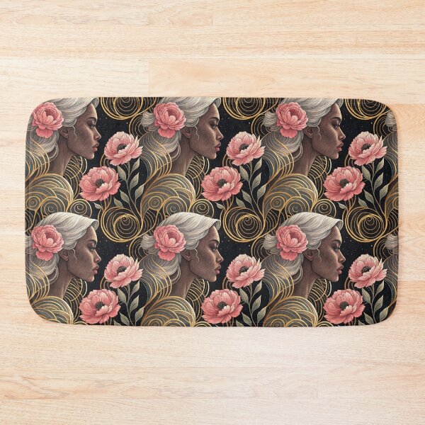 Item preview, Elegant African American Woman with Floral Hair Seamless Pattern, Pink Flowers, And Gold Swirls designed and sold by KlarkiteTees.