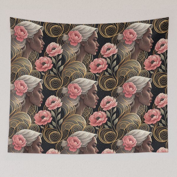 Item preview, Elegant African American Woman with Floral Hair Seamless Pattern, Pink Flowers, And Gold Swirls designed and sold by KlarkiteTees.