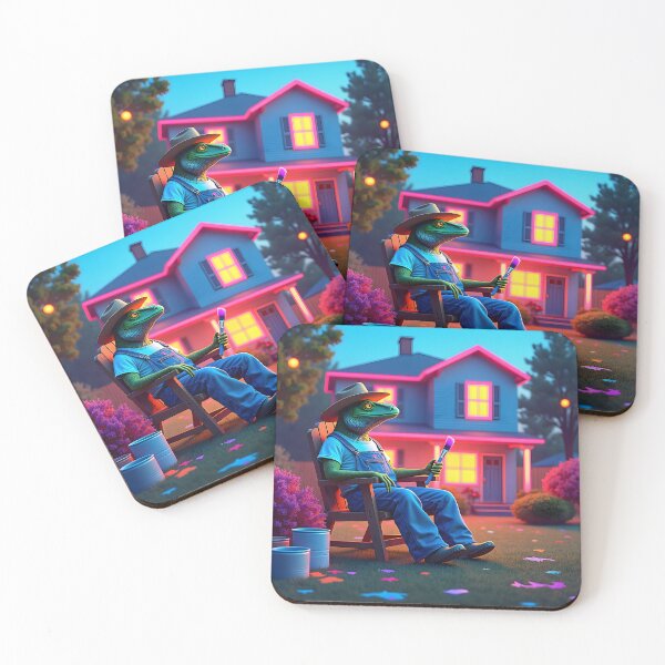 Item preview, Neon Lizard Painter Relaxing in Front of a Glowing Suburban House designed and sold by NCLaserDesigns.