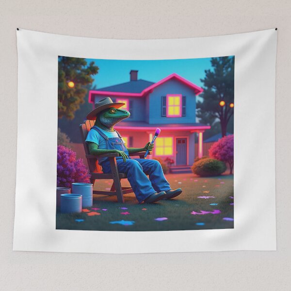 Item preview, Neon Lizard Painter Relaxing in Front of a Glowing Suburban House designed and sold by NCLaserDesigns.