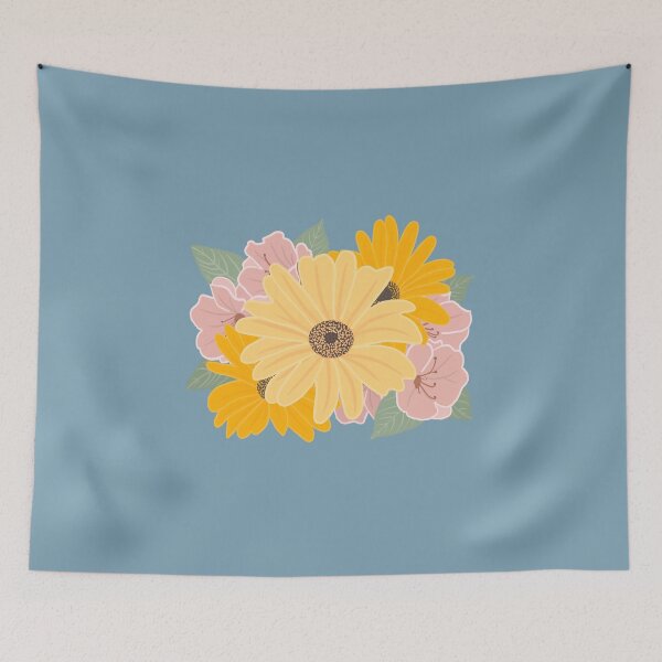 Item preview, Vintage Retro Floral Art – Boho Botanical Square Design in Blue Grey & Bright Yellow designed and sold by 9th Cycle Studios.