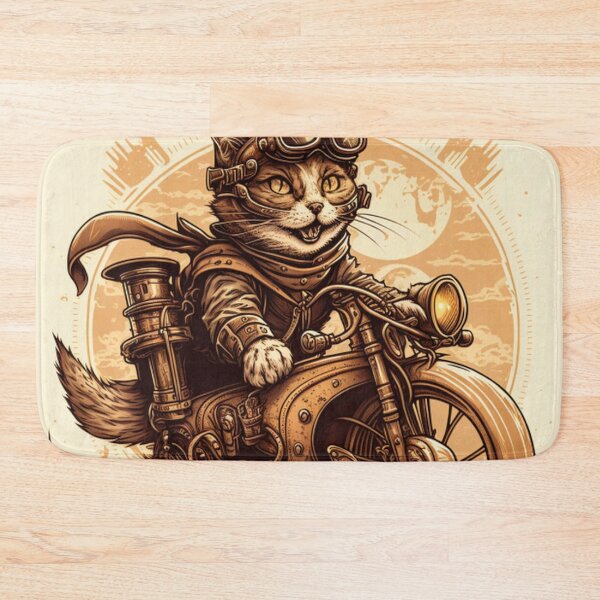 Item preview, Steampunk Cat on Motorcycle – Vintage Biker Feline Adventure Art designed and sold by PaintbrushPlace.