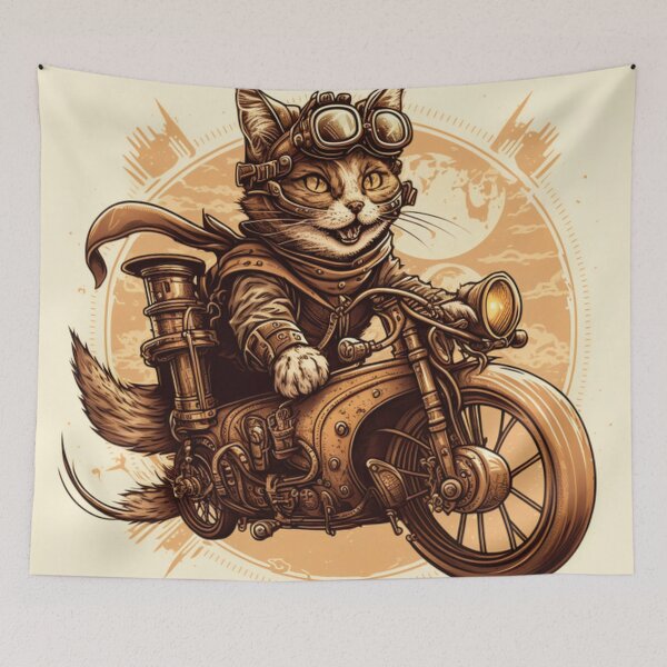 Item preview, Steampunk Cat on Motorcycle – Vintage Biker Feline Adventure Art designed and sold by PaintbrushPlace.