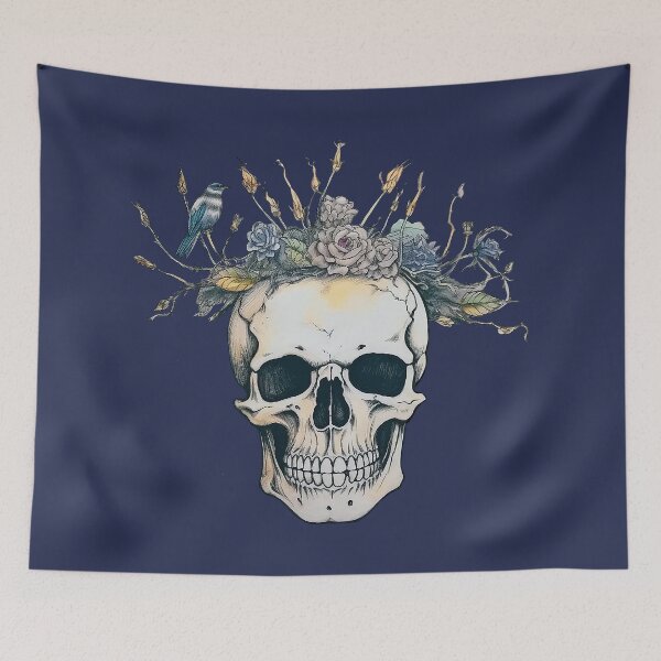 Item preview, SKULL SKELETON WITH FLOWER CROWN AND BIRD  Midjourney AI Artwork designed and sold by davidjulie.