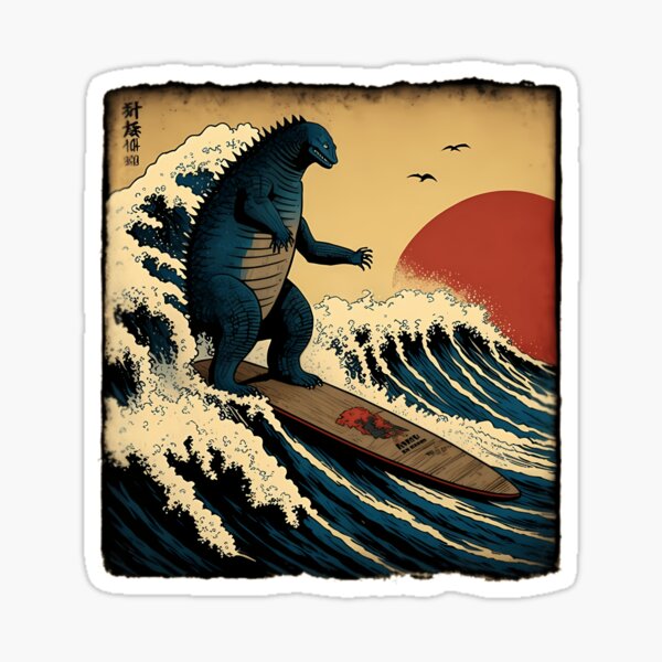 Item preview, Godzilla Surfing The Great Wave By Hokusai Funny Parody designed and sold by ModernHavenM.