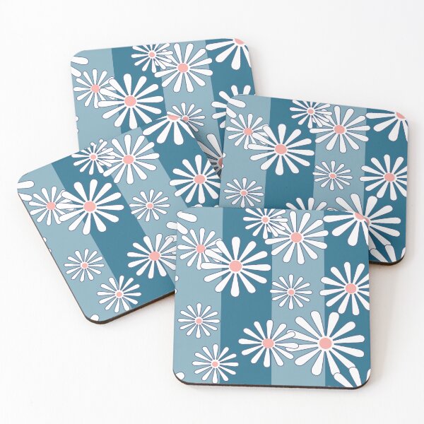 Item preview, White chamomile flowers on striped blue background  designed and sold by fuzzyfox.