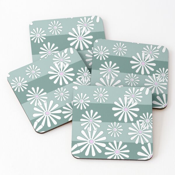 Item preview, White chamomile flowers on striped background green mint  designed and sold by fuzzyfox.