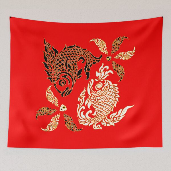 Item preview, Pair of fish with Thai pattern, Thai pattern, Pisces, Pair of fish, white and black designed and sold by Redindys.