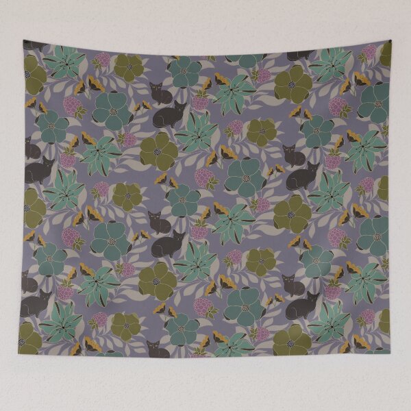 Item preview, Black cats summer flowers and fruit, green purple and yellow designed and sold by ahahdodo.