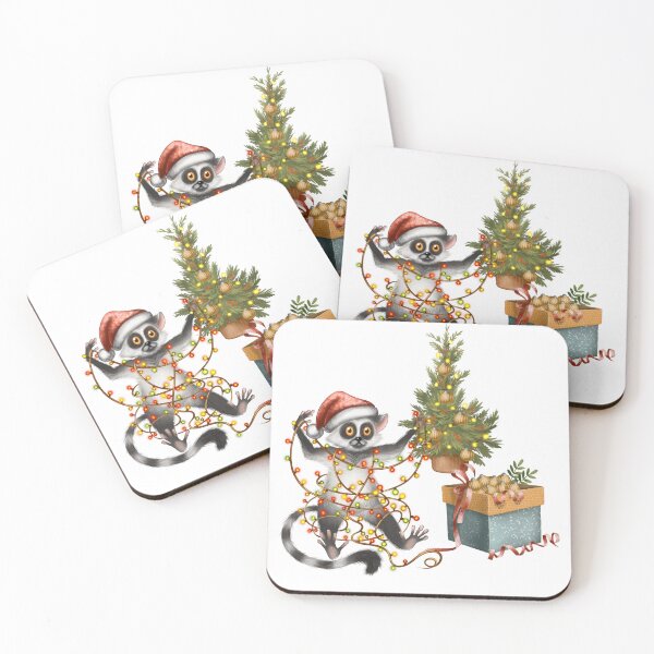Item preview, Fun and festive lemur decorating a Christmas tree with colorful lights and a present during the holiday season designed and sold by Ms. Iryna.