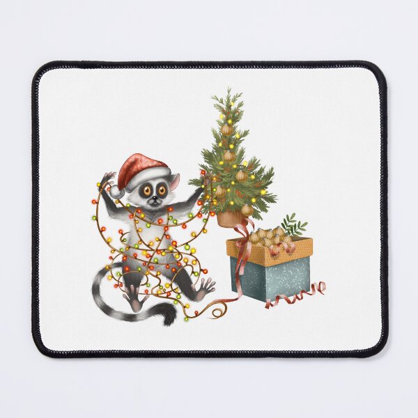 Item preview, Fun and festive lemur decorating a Christmas tree with colorful lights and a present during the holiday season designed and sold by Ms. Iryna.