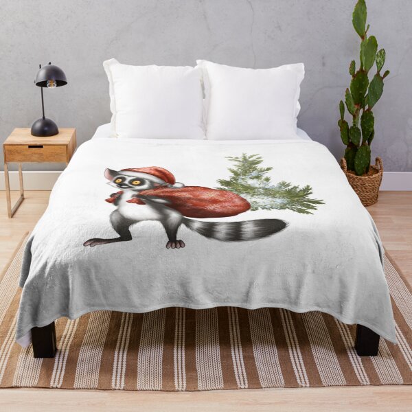 Item preview, Cute lemur in a Santa hat carrying a sack of gifts next to a decorated snowy tree designed and sold by Ms. Iryna.