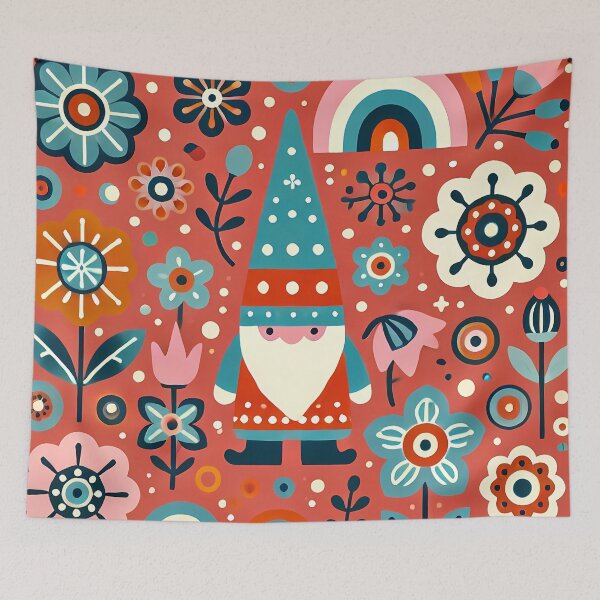 Item preview, Cute Floral Folk Gnome with Rainbow - Scandinavian Folk Art by heidiannemorris © designed and sold by FOLK ART FUSION by heidiannemorris.