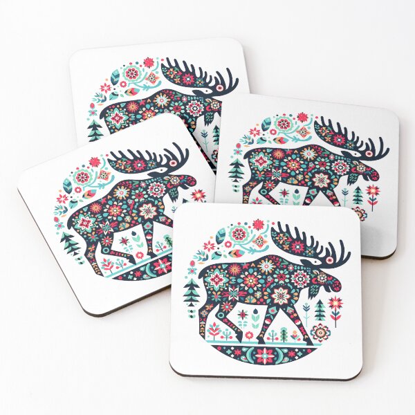 Item preview, Colorful Majestic Folk Moose Pattern - Scandinavian Folk Art by heidiannemorris © designed and sold by FOLK ART FUSION by heidiannemorris.