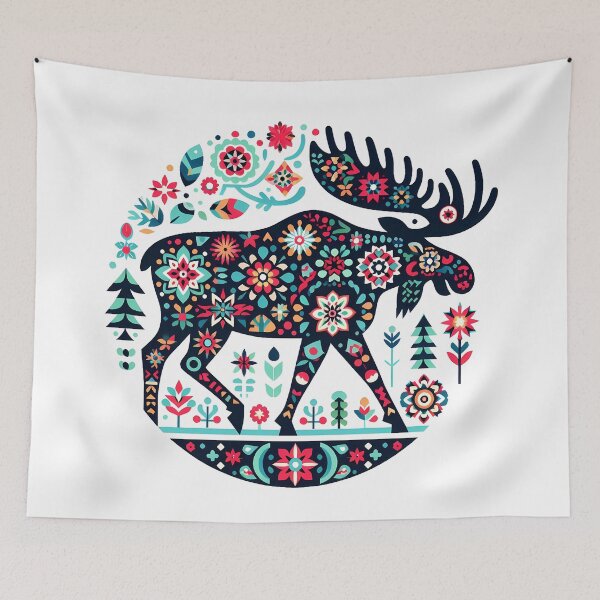 Item preview, Colorful Majestic Folk Moose Pattern - Scandinavian Folk Art by heidiannemorris © designed and sold by FOLK ART FUSION by heidiannemorris.