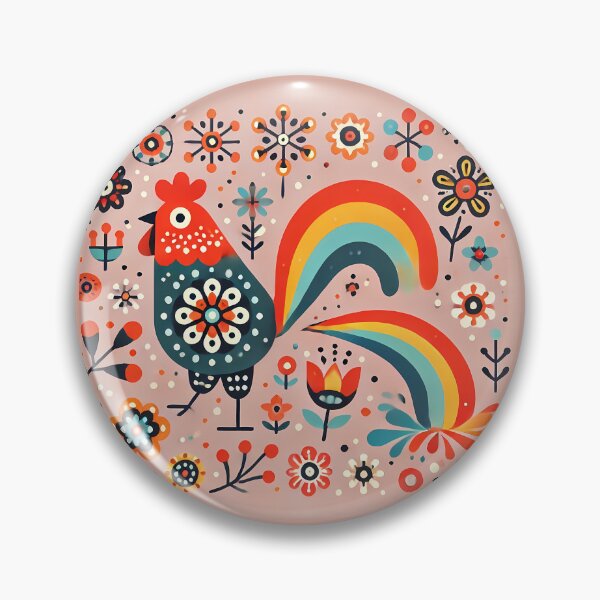 Item preview, Vibrant Floral Folk Rooster Poops a Rainbow - Scandinavian Folk Art by heidiannemorris © designed and sold by FOLK ART FUSION by heidiannemorris.