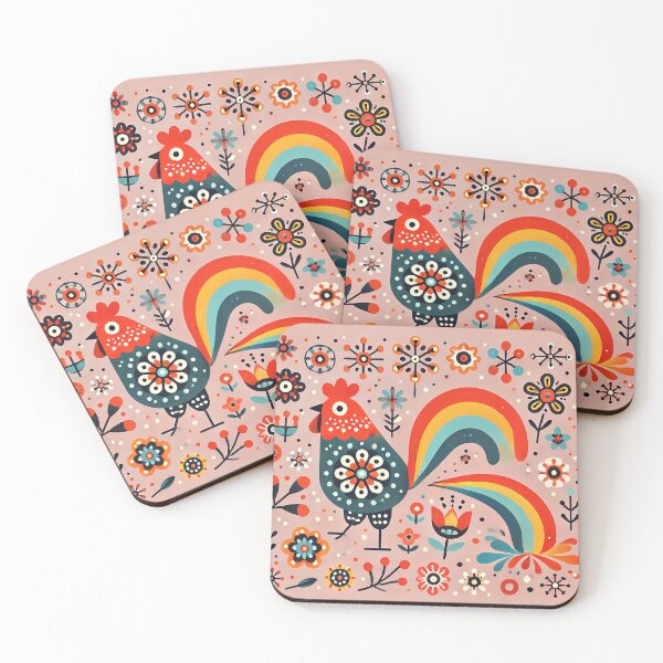 Item preview, Vibrant Floral Folk Rooster Poops a Rainbow - Scandinavian Folk Art by heidiannemorris © designed and sold by FOLK ART FUSION by heidiannemorris.