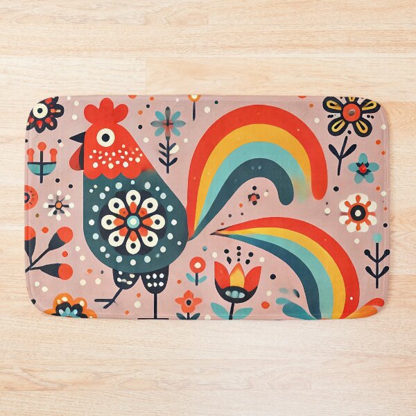 Item preview, Vibrant Floral Folk Rooster Poops a Rainbow - Scandinavian Folk Art by heidiannemorris © designed and sold by FOLK ART FUSION by heidiannemorris.