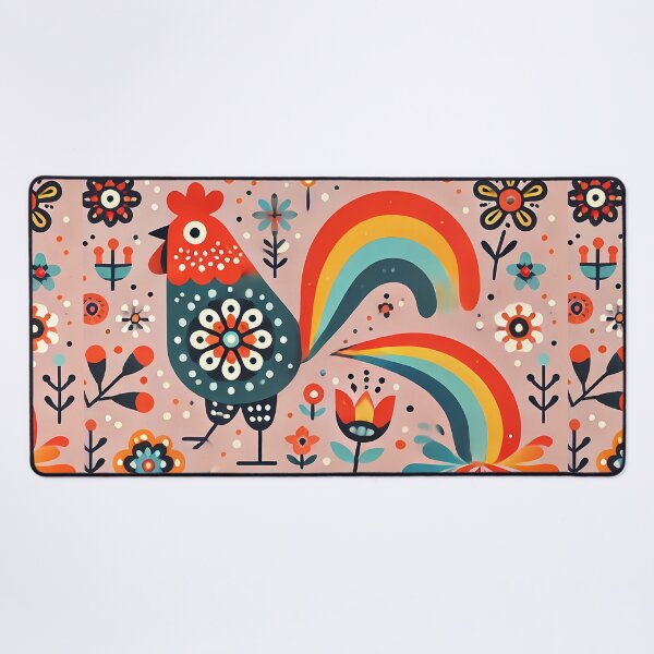 Item preview, Vibrant Floral Folk Rooster Poops a Rainbow - Scandinavian Folk Art by heidiannemorris © designed and sold by FOLK ART FUSION by heidiannemorris.