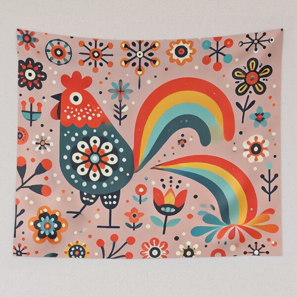 Item preview, Vibrant Floral Folk Rooster Poops a Rainbow - Scandinavian Folk Art by heidiannemorris © designed and sold by FOLK ART FUSION by heidiannemorris.