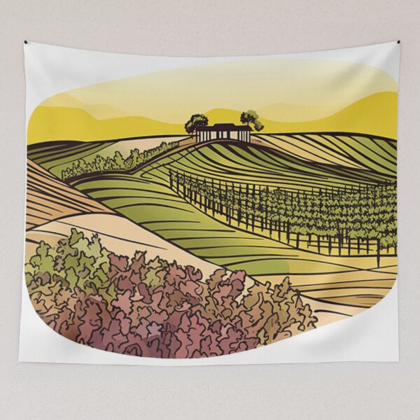 Item preview, Colorful Vineyard Landscape with Rolling Hills and Farmhouse designed and sold by PaintbrushPlace.