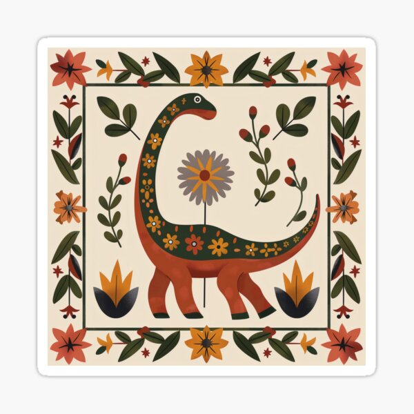 Item preview, Art populaire, dinosaures vintage et fleurs designed and sold by xiao xuans.