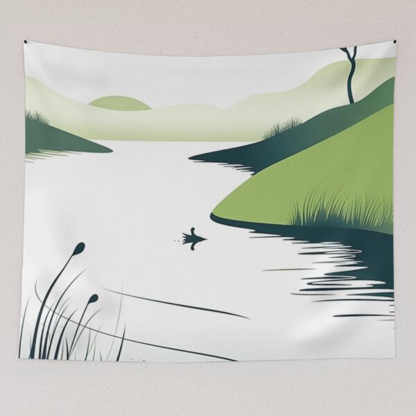Item preview, Peaceful River Landscape with Rolling Hills and Duck designed and sold by PaintbrushPlace.