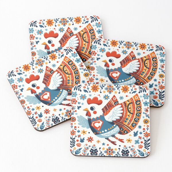 Item preview, Super Chicken Hero in Flight - Scandinavian Folk Art by heidiannemorris © designed and sold by FOLK ART FUSION by heidiannemorris.
