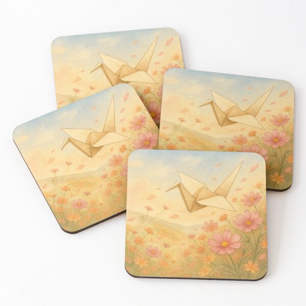 Item preview, Golden Origami Crane over a Field of Autumn Cosmos – Japanese Evening Tranquility designed and sold by TokyoBloomworks.