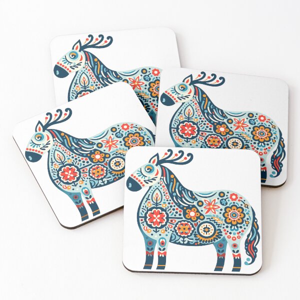 Artikelvorschau, Buntes, verziertes blaues Volkspferd – Skandinavische Volkskunst von heidiannemorris © entworfen und verkauft von FOLK ART FUSION by heidiannemorris.