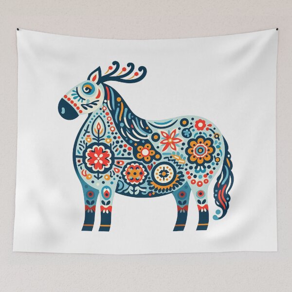 Artikelvorschau, Buntes, verziertes blaues Volkspferd – Skandinavische Volkskunst von heidiannemorris © entworfen und verkauft von FOLK ART FUSION by heidiannemorris.