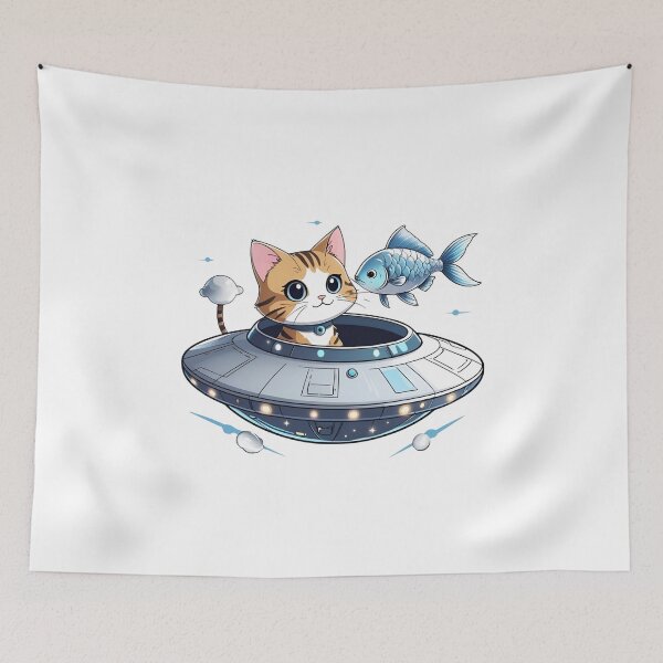 Item preview, Alien Cat in UFO Beaming Up Fish – Funny Space Design designed and sold by ColorSplash123.