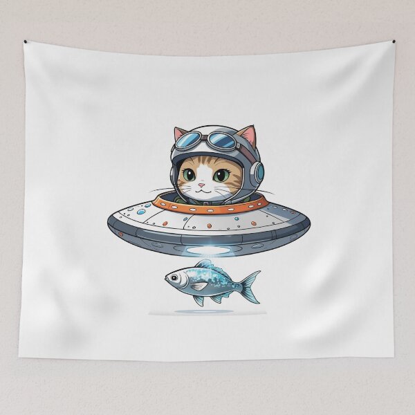 Item preview, Alien Cat in UFO Beaming Up Fish – Funny Space Design designed and sold by ColorSplash123.