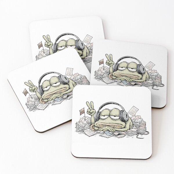 Item preview, Overworked Peace Frog – Tired Frog in Headphones and Paper Pile designed and sold by WakaWakoStudio.