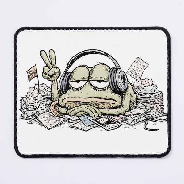 Item preview, Overworked Peace Frog – Tired Frog in Headphones and Paper Pile designed and sold by WakaWakoStudio.