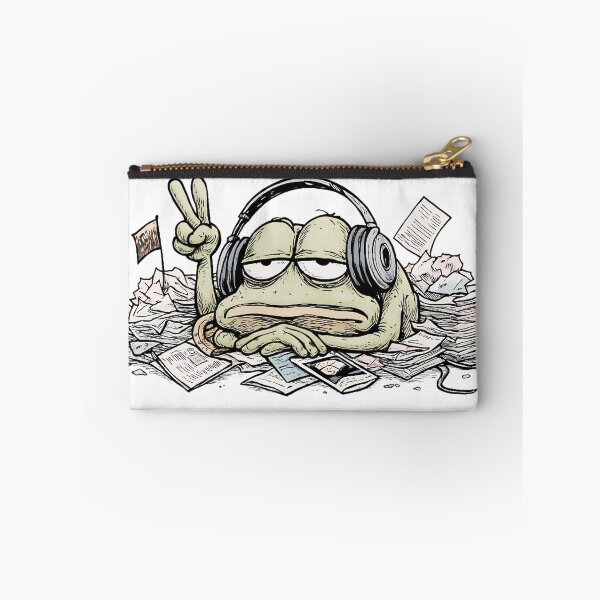 Item preview, Overworked Peace Frog – Tired Frog in Headphones and Paper Pile designed and sold by WakaWakoStudio.