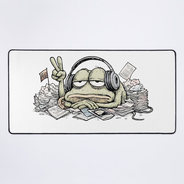Item preview, Overworked Peace Frog – Tired Frog in Headphones and Paper Pile designed and sold by WakaWakoStudio.
